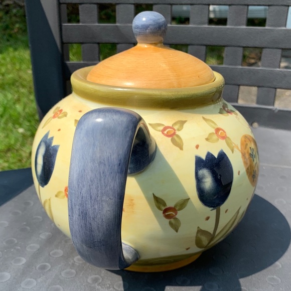 "Lang & Wise Ltd." earthenware teapot w/ saucer, 'Simple Life' - Picture 7 of 8